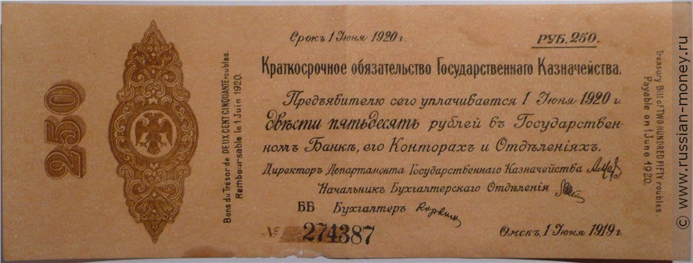 Банкнота 250 рублей. Краткосрочное обязательство 1919. Стоимость. Аверс