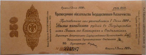 Банкнота 250 рублей. Краткосрочное обязательство 1919. Стоимость. Аверс