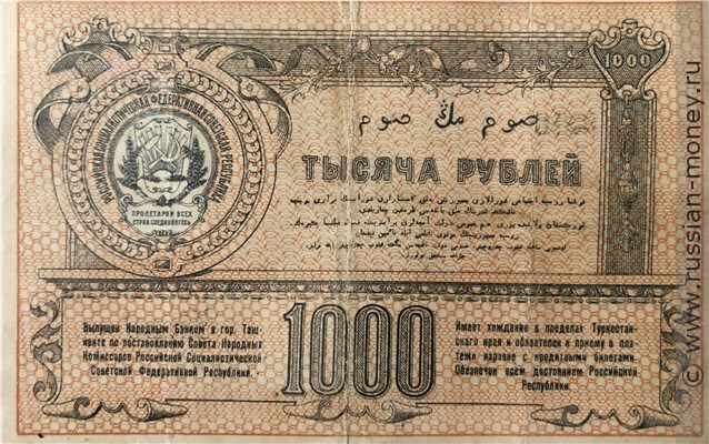Банкнота 1000 рублей. Временный кредитный билет Туркестанского края 1920. Реверс