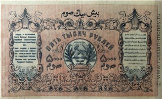 Банкнота 5000 рублей. Временный кредитный билет Туркестанского края 1920. Реверс