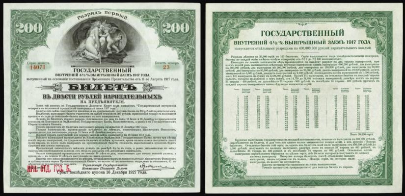 Банкнота 200 рублей. Билет выигрышного займа. Разряд первый 1917