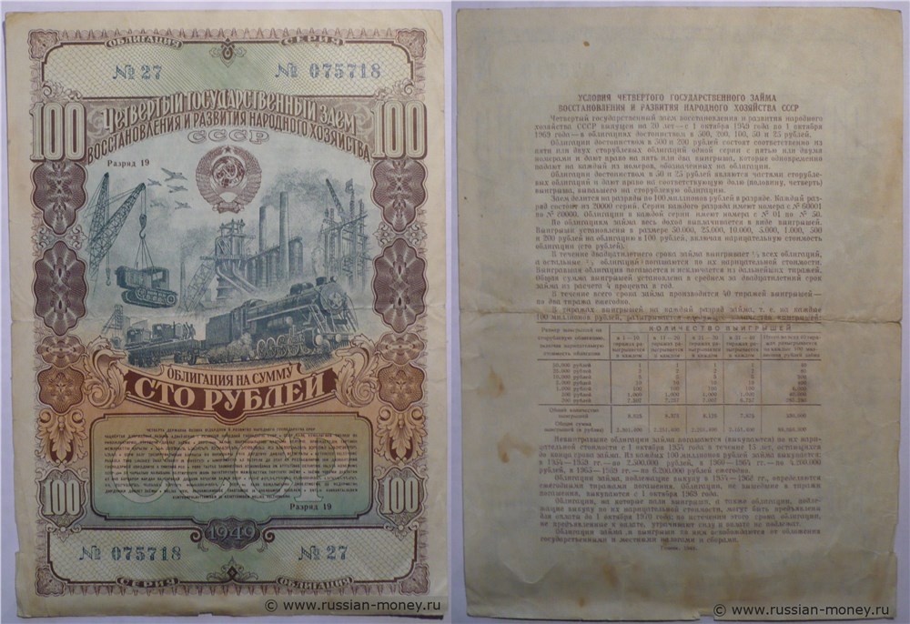 Банкнота 100 рублей. Четвёртый заём восстановления и развития народного хозяйства 1949