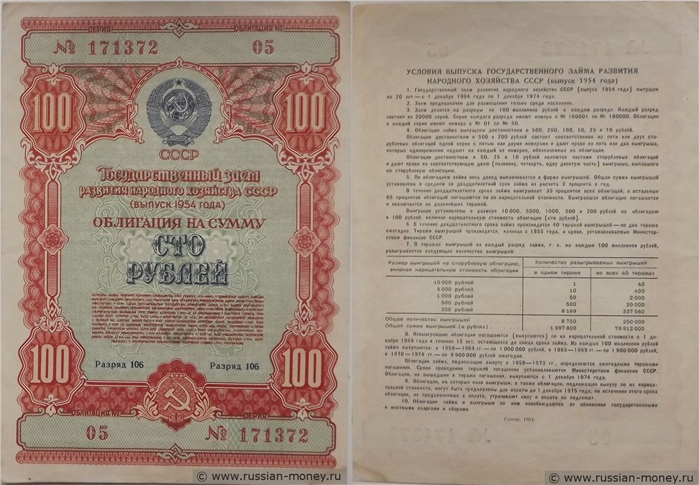 Банкнота 100 рублей. Заём развития народного хозяйства 1954