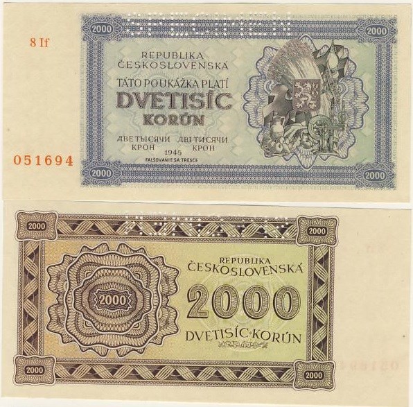 Банкнота 2000 крон 1945 (SPECIMEN)
