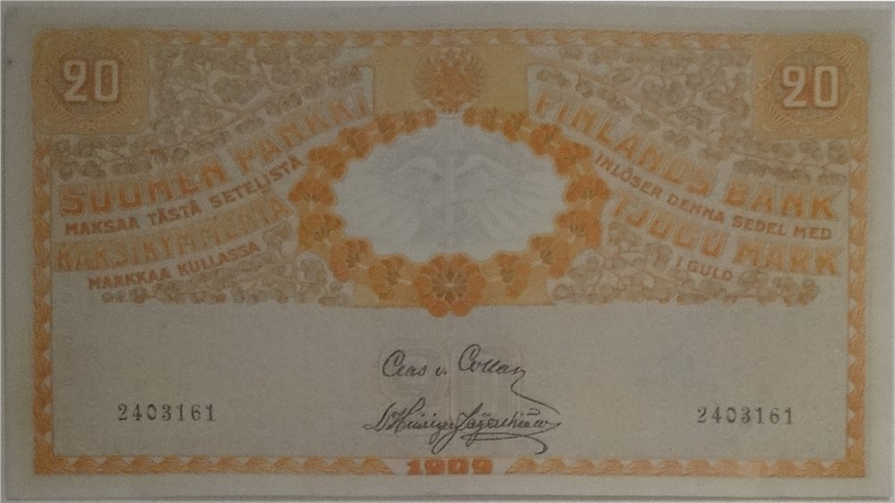 Банкнота 20 марок золотом. Финляндский банк 1909