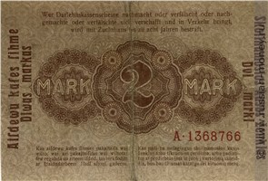 Банкнота 2 марки. Ссудный кассовый знак 1918. Реверс